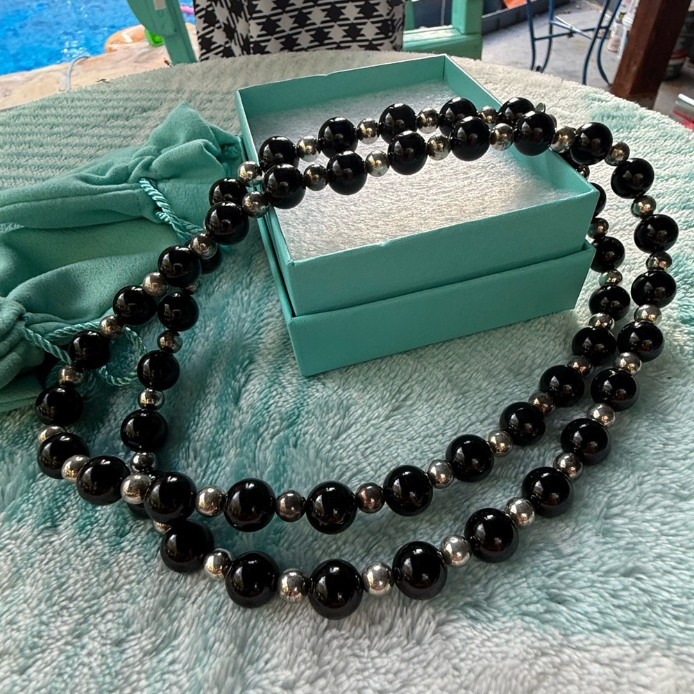 Tiffany & Co. 30” Onyx and Silver Bead Necklace